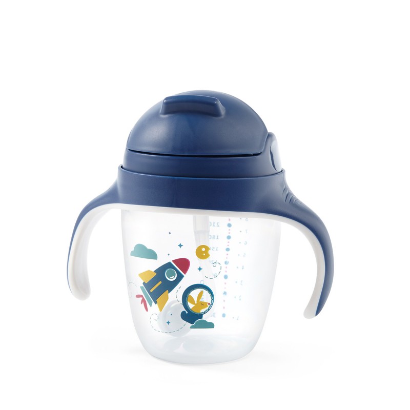 BabyOno Nerozlévající se hrnek s brčkem a závažím 240 ml modrý